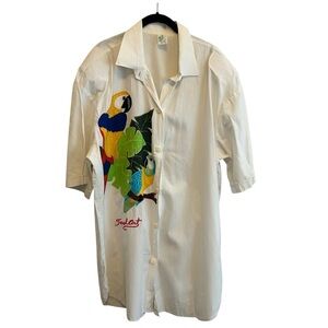 Tropical Art Oversized White Button Down with Parrot Appliqué Size XL